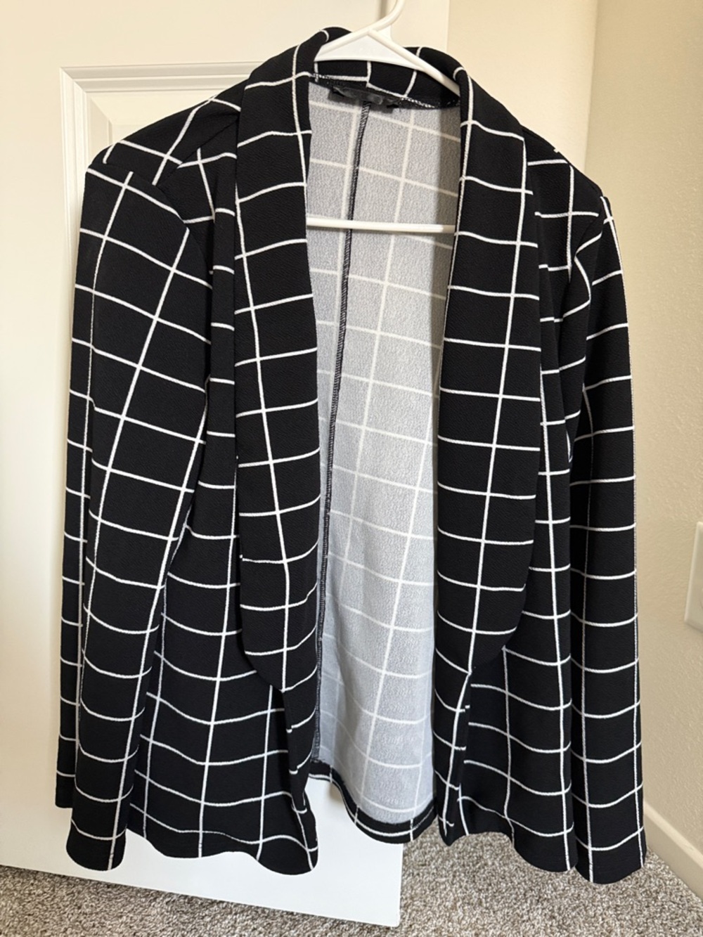 SHEIN Black and White Windowpane Open-Front Blazer